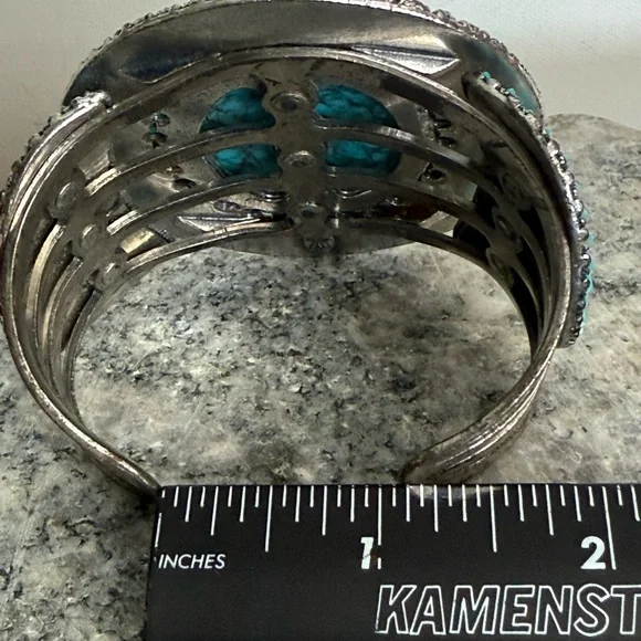 Rare Large Vintage Faux Turquoise Silver Tone Cuff Bracelet - Picture 11 of 12